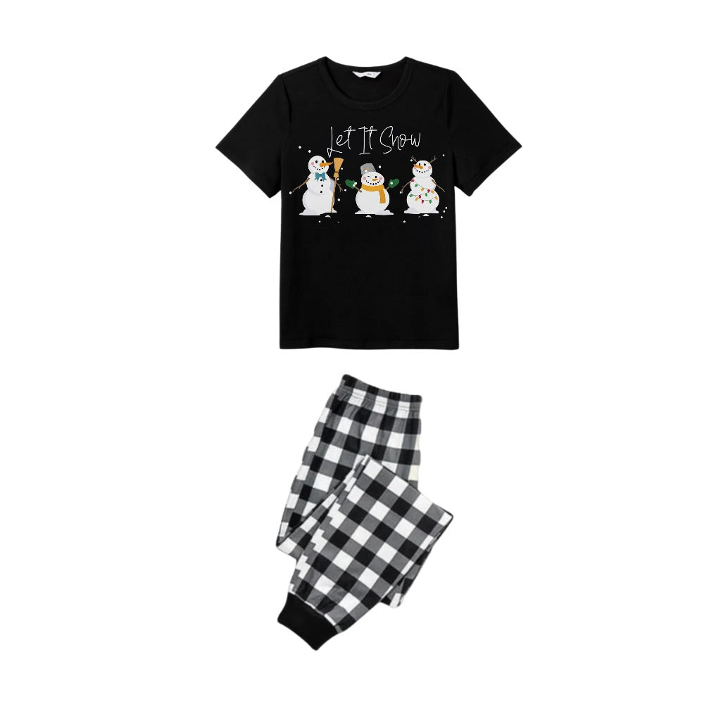 Mirla | Svart-Vitt Rutig Kortärmad Julpyjamas-Set med Snögubbe- och Cheer-Texttryck-Eva Jonsson