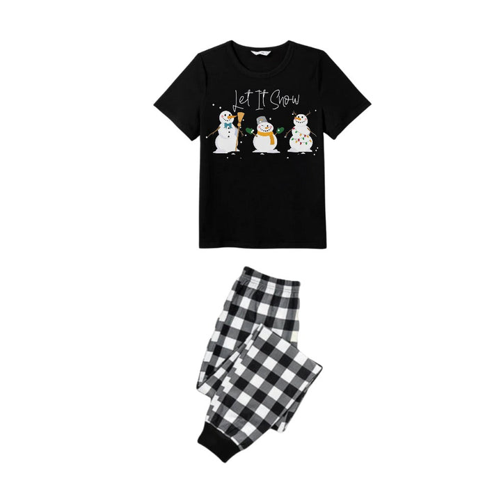 Mirla | Svart-Vitt Rutig Kortärmad Julpyjamas-Set med Snögubbe- och Cheer-Texttryck-Eva Jonsson