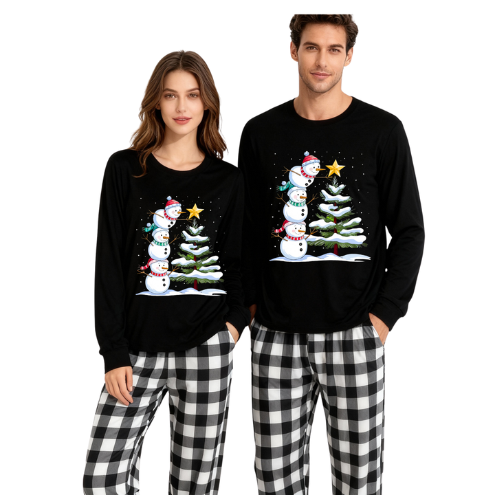 Mirla | Svart-Vitt Rutigt Jul-Pyjamas-Set med Snögubbe- och Julgranstryck-Eva Jonsson