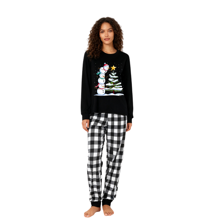 Mirla | Svart-Vitt Rutigt Jul-Pyjamas-Set med Snögubbe- och Julgranstryck-Eva Jonsson