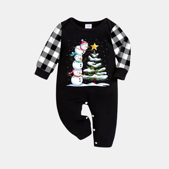 Mirla | Svart-Vitt Rutigt Jul-Pyjamas-Set med Snögubbe- och Julgranstryck-Eva Jonsson