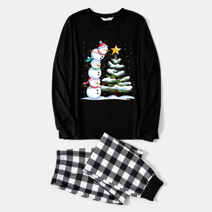 Mirla | Svart-Vitt Rutigt Jul-Pyjamas-Set med Snögubbe- och Julgranstryck-Eva Jonsson