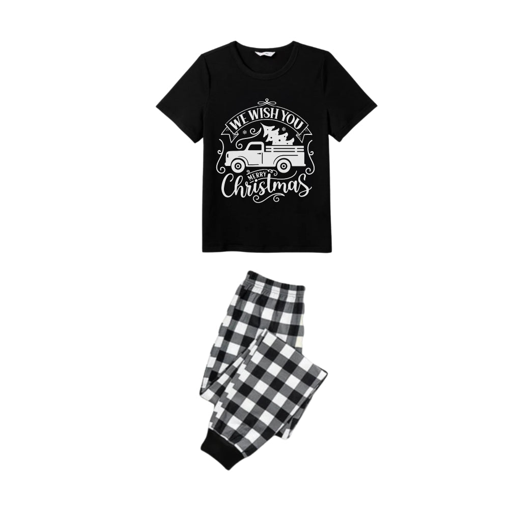 Mirla | Svart-Vitt Rutigt Kortärmad Jul Pyjamas Set med Julgran och Biltryck-Eva Jonsson