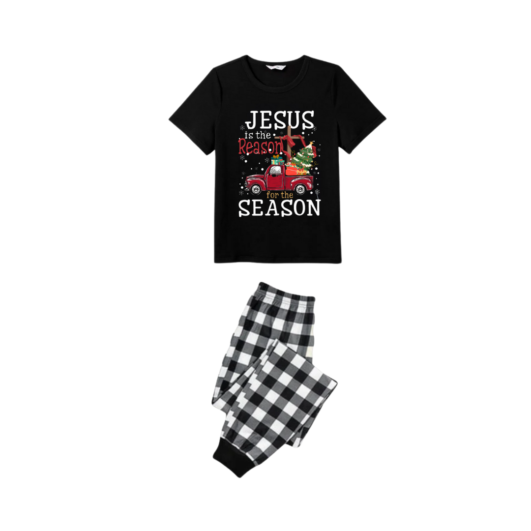 Mirla | Svart-Vitt Rutigt Mönster Julkortärmad Pyjamasset med Trycket Jesus Är Anledningen Till Säsongen-Eva Jonsson