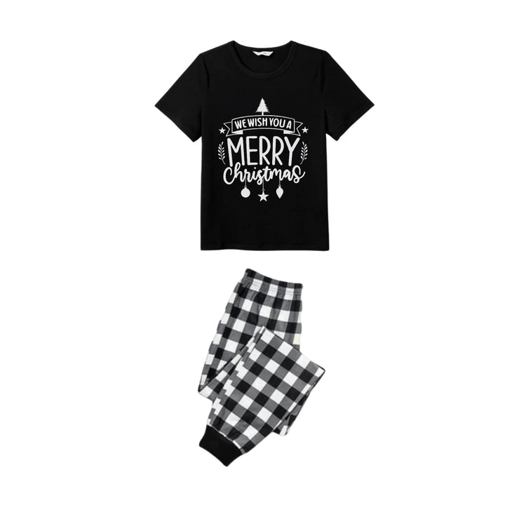 Mirla | Svart och Vit Rutig Kortärmad Julfamilj-Pyjamas-Set med Jul-Texttryck-Eva Jonsson