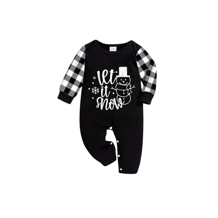 Mirla | Svart och Vit Rutiga Kortärmad Jul Pyjamas Set med Snögubbe och Slogan Mönster-Eva Jonsson