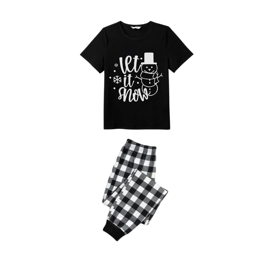 Mirla | Svart och Vit Rutiga Kortärmad Jul Pyjamas Set med Snögubbe och Slogan Mönster-Eva Jonsson