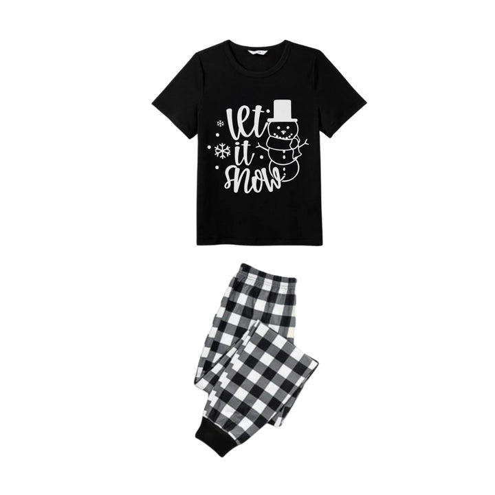Mirla | Svart och Vit Rutiga Kortärmad Jul Pyjamas Set med Snögubbe och Slogan Mönster-Eva Jonsson