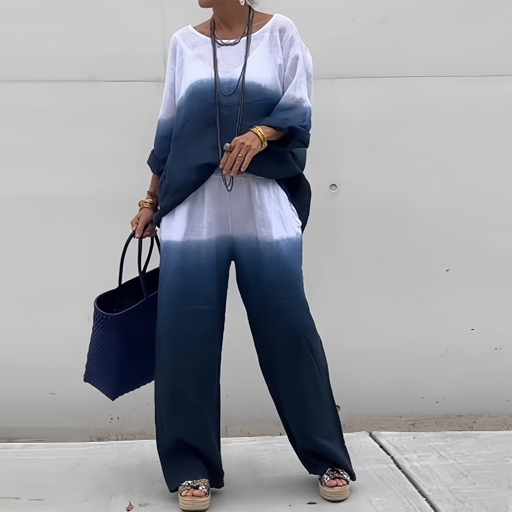 Mirla | T-Shirt + Byxor i bomull och lin med gradient och rund halsringning för damer-Eva Jonsson