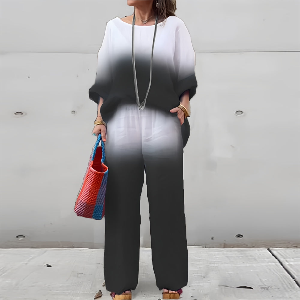 Mirla | T-Shirt + Byxor i bomull och lin med gradient och rund halsringning för damer-Eva Jonsson