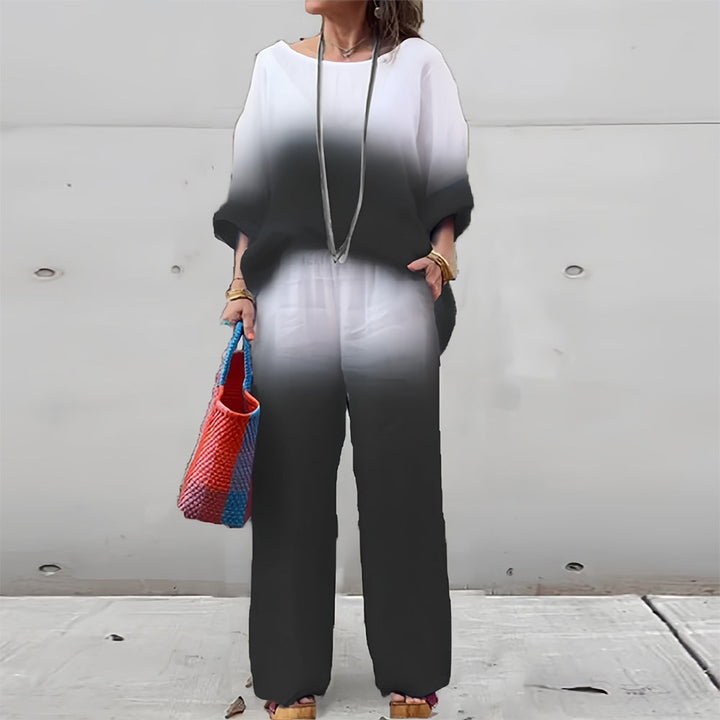 Mirla | T-Shirt + Byxor i bomull och lin med gradient och rund halsringning för damer-Eva Jonsson
