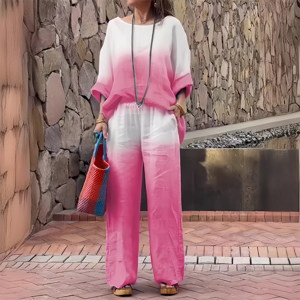 Mirla | T-Shirt + Byxor i bomull och lin med gradient och rund halsringning för damer-Eva Jonsson