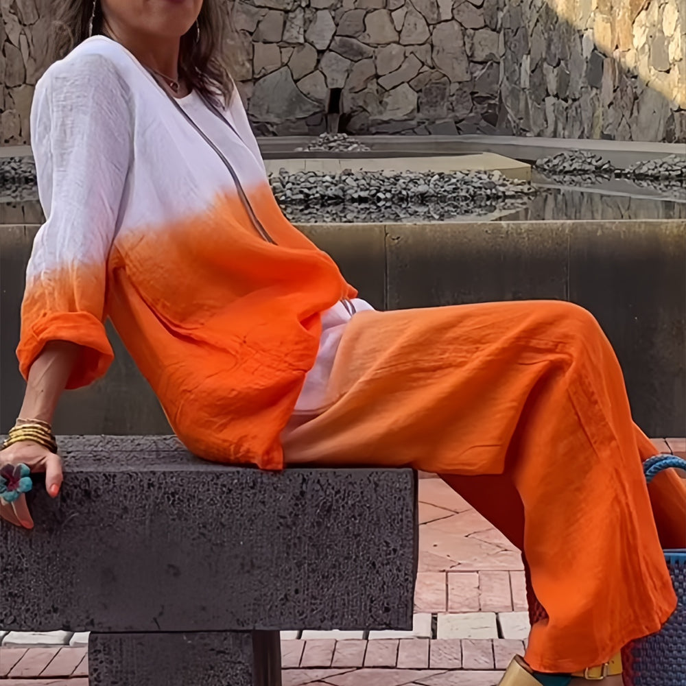 Mirla | T-Shirt + Byxor i bomull och lin med gradient och rund halsringning för damer-Eva Jonsson