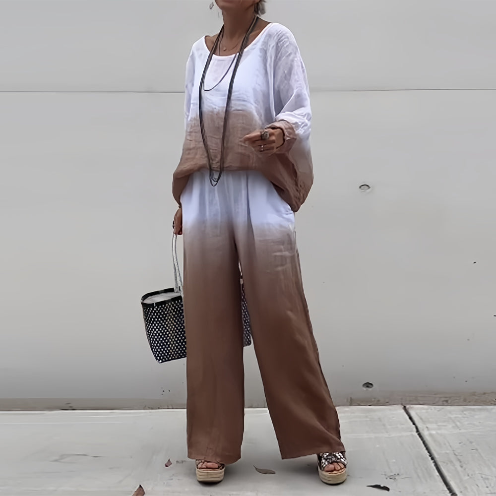Mirla | T-Shirt + Byxor i bomull och lin med gradient och rund halsringning för damer-Eva Jonsson