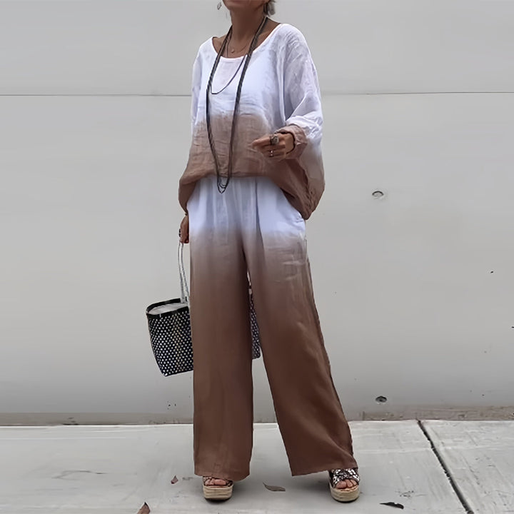 Mirla | T-Shirt + Byxor i bomull och lin med gradient och rund halsringning för damer-Eva Jonsson