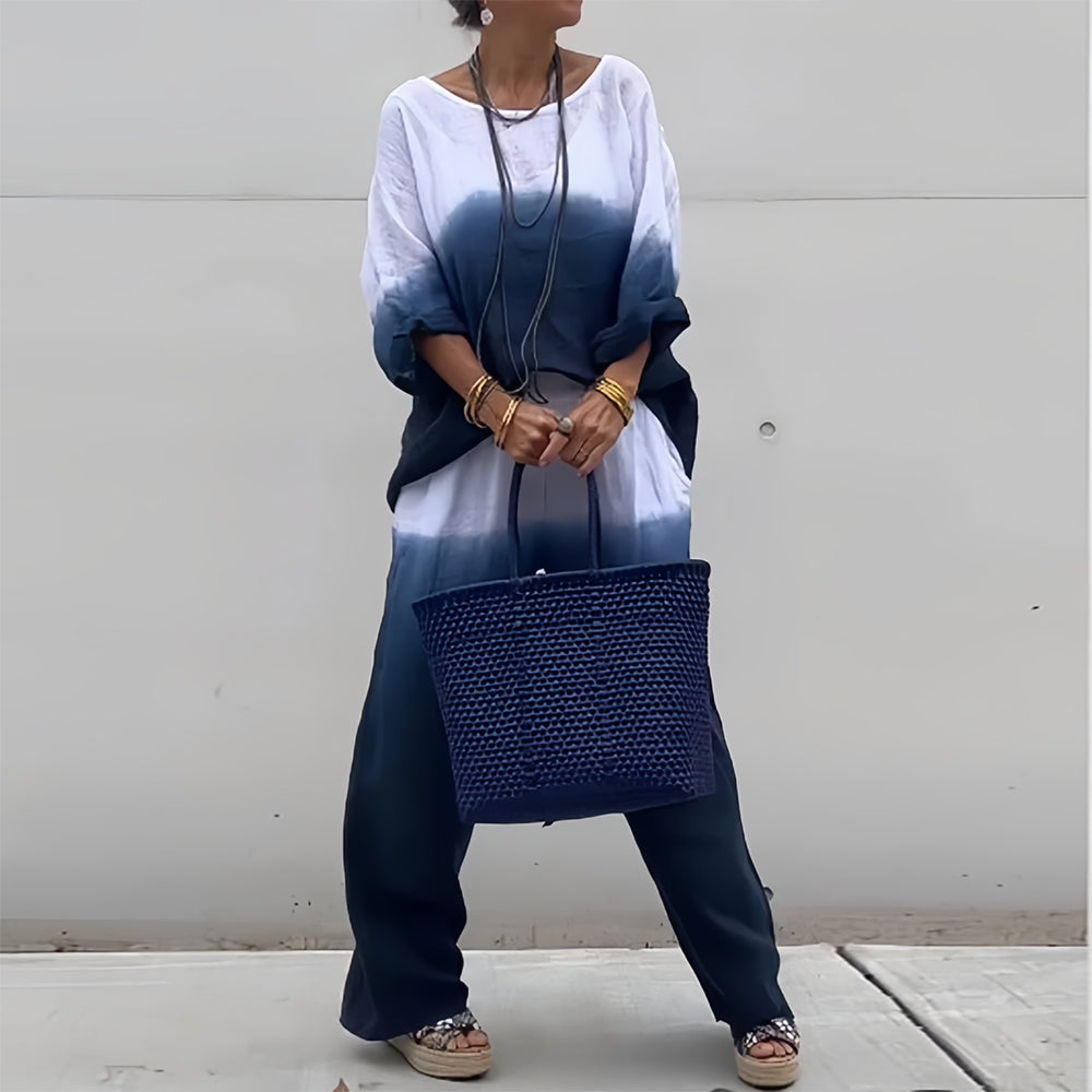 Mirla | T-Shirt + Byxor i bomull och lin med gradient och rund halsringning för damer-Eva Jonsson