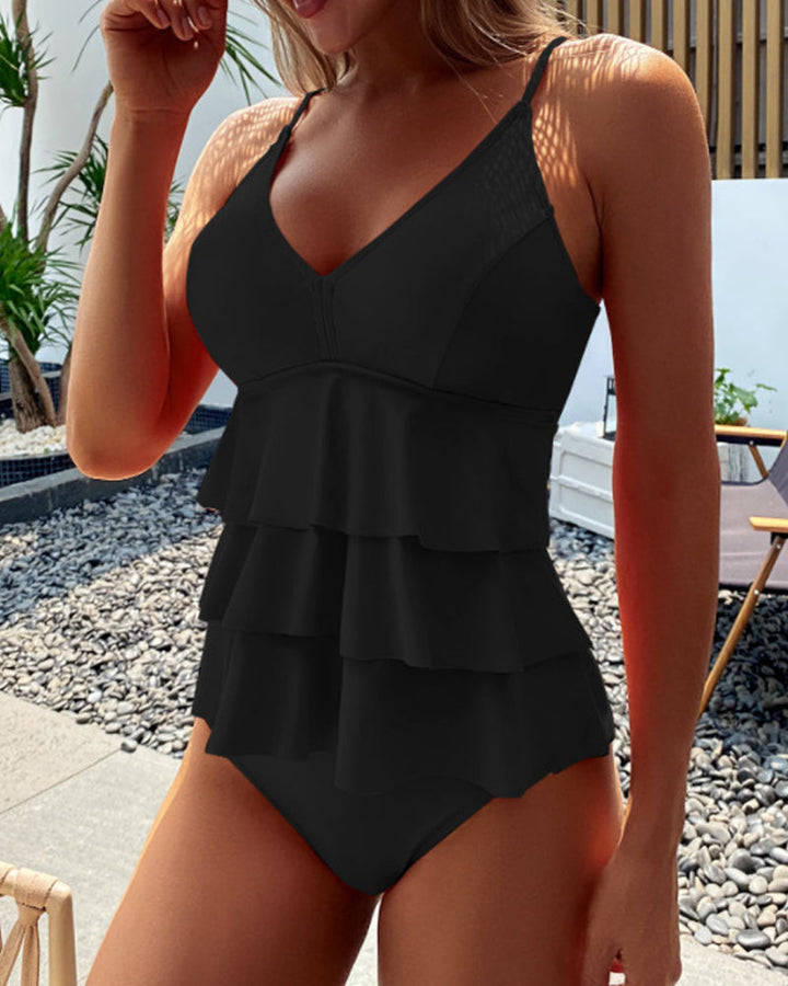 Mirla | Tankini med Spaltad Stil och Volanger i Enfärgad Färg-Eva Jonsson