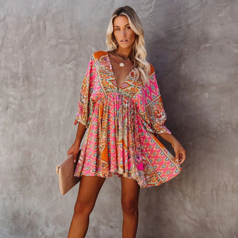 Mirla | Trendig Kort Boho Blommig Klänning för Damer-Eva Jonsson