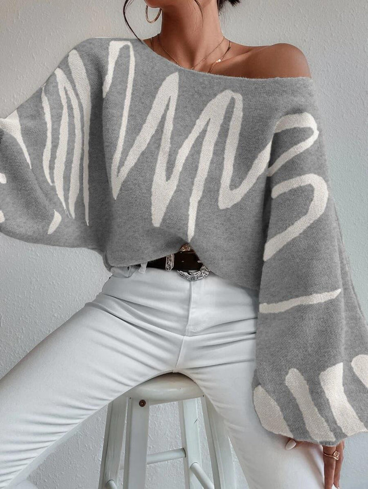 Mirla | Tröja Ljusgrå Off-Shoulder Oversized Tröja med Puffärmar-Eva Jonsson