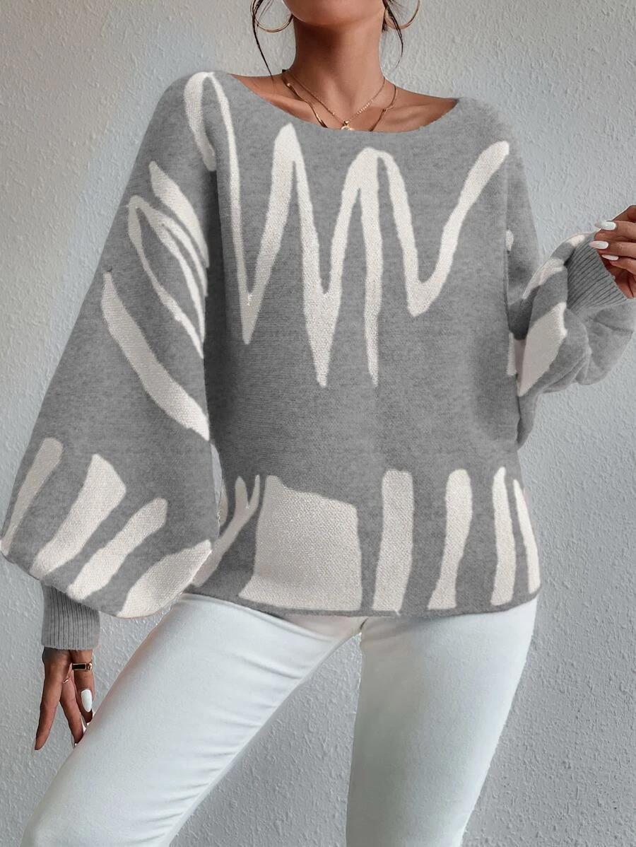 Mirla | Tröja Ljusgrå Off-Shoulder Oversized Tröja med Puffärmar-Eva Jonsson