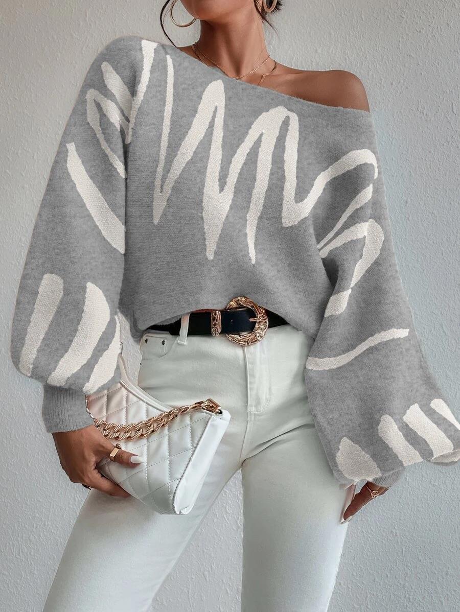 Mirla | Tröja Ljusgrå Off-Shoulder Oversized Tröja med Puffärmar-Eva Jonsson