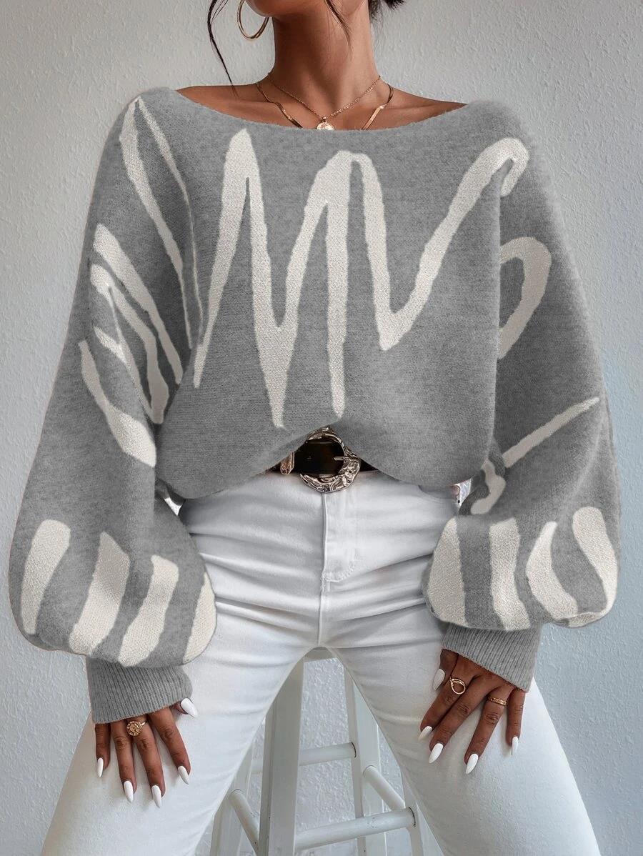 Mirla | Tröja Ljusgrå Off-Shoulder Oversized Tröja med Puffärmar-Eva Jonsson