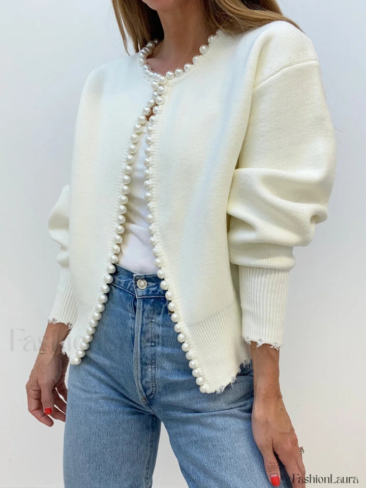 Mirla | Tröja med Pärl Dekorationer och Franskant-Eva Jonsson