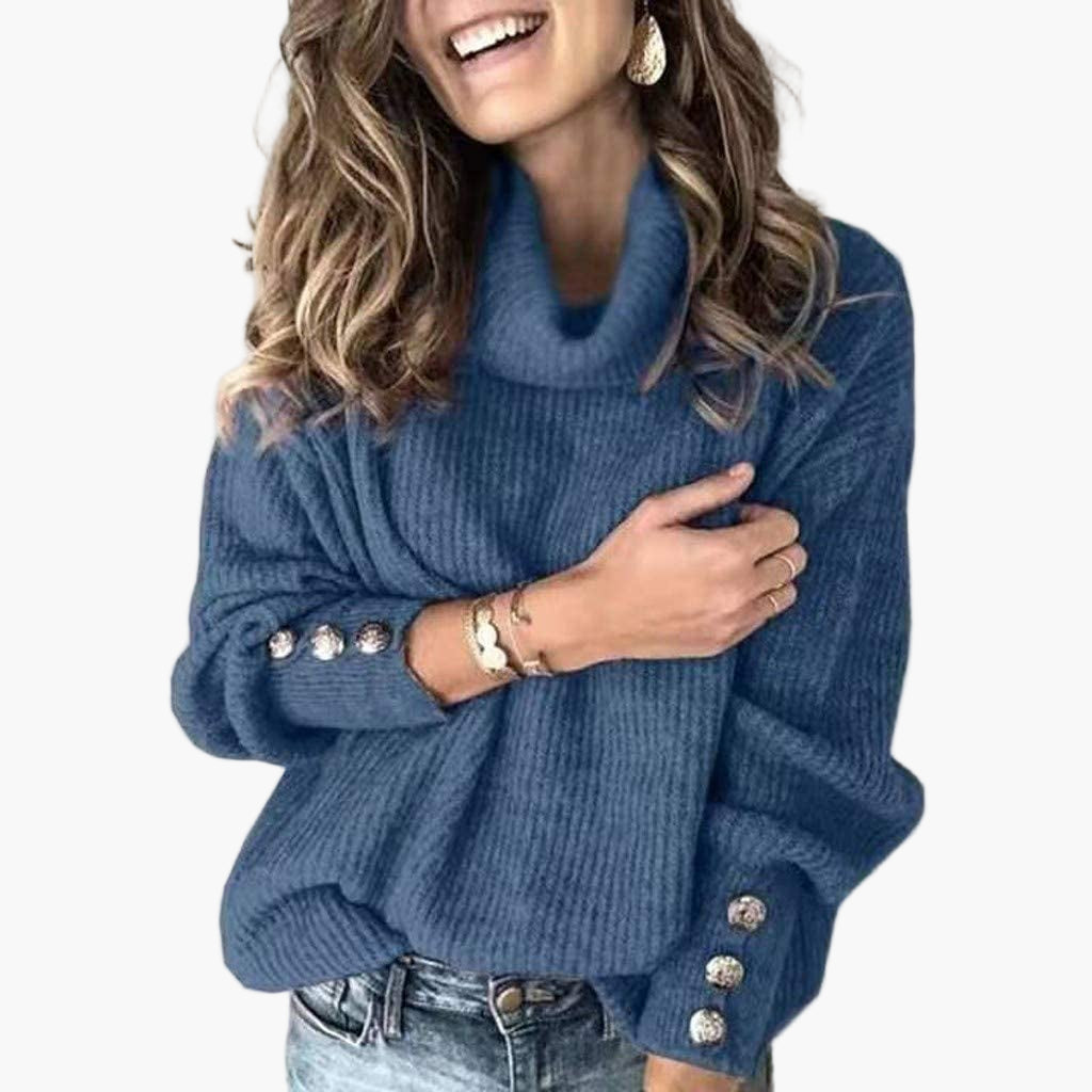 Mirla | Tröja med Rullkrage och Knapppdetaljer - Moderiktig Fritidsstickad Tröja-Eva Jonsson