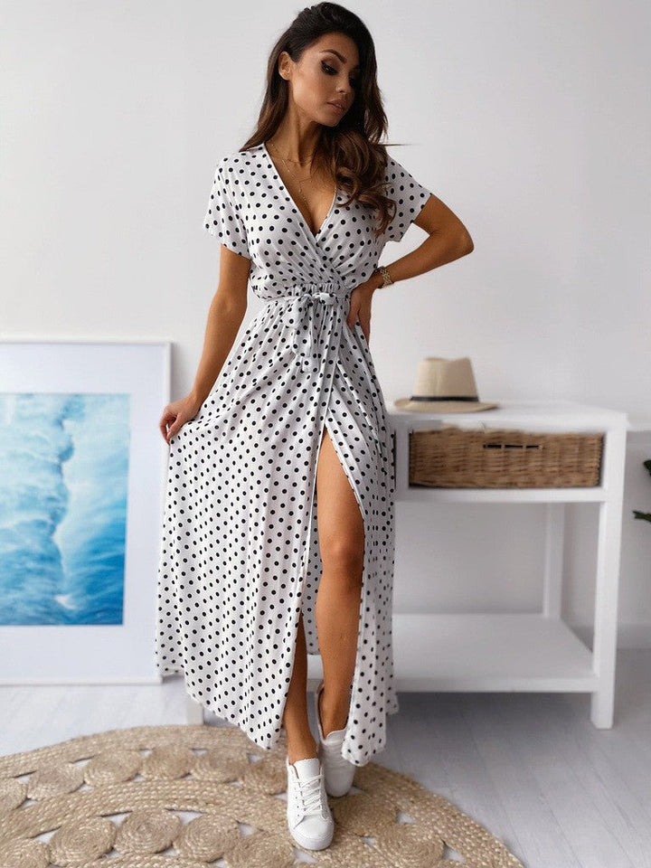 Mirla | Tryckt Polka-Dot-Band Midja Maxi Klänning-Eva Jonsson