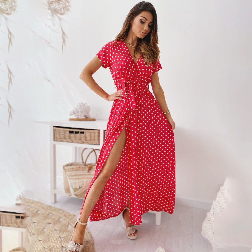 Mirla | Tryckt Polka-Dot-Band Midja Maxi Klänning-Eva Jonsson
