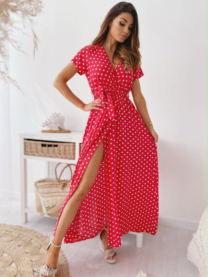 Mirla | Tryckt Polka-Dot-Band Midja Maxi Klänning-Eva Jonsson
