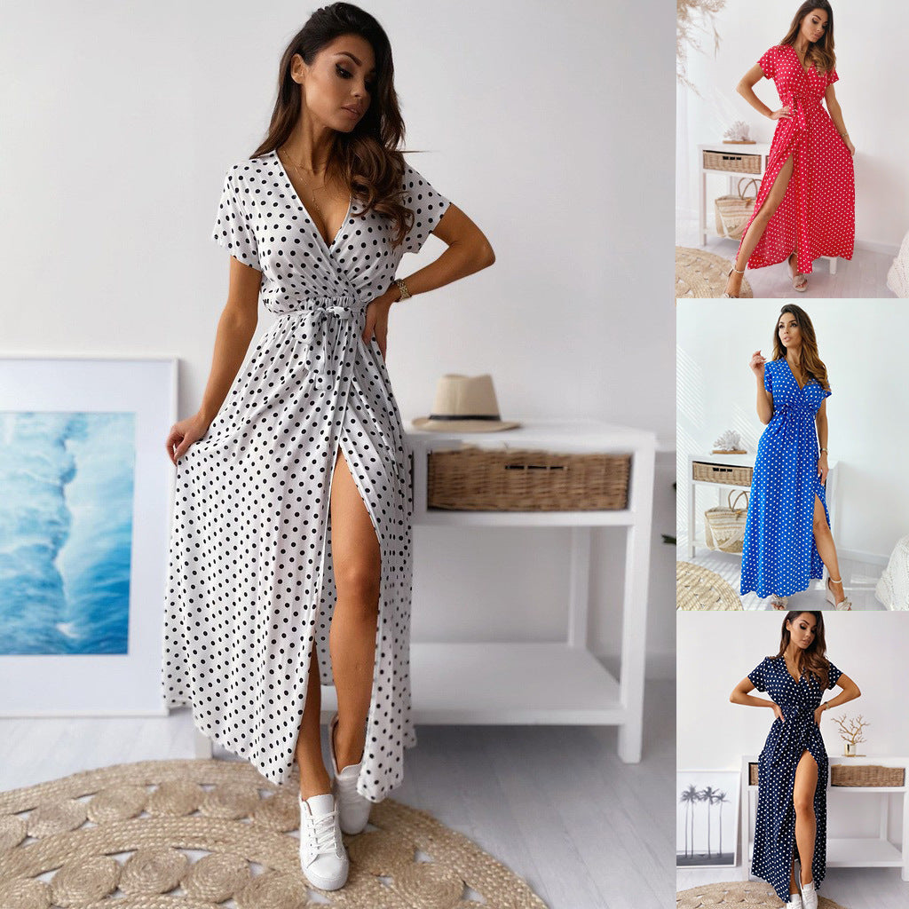 Mirla | Tryckt Polka-Dot-Band Midja Maxi Klänning-Eva Jonsson