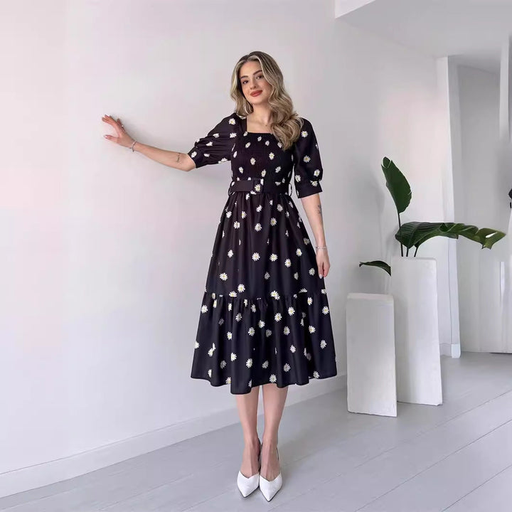 Mirla | Tryckt, midjehögt U-ringning elegant klänning-Eva Jonsson