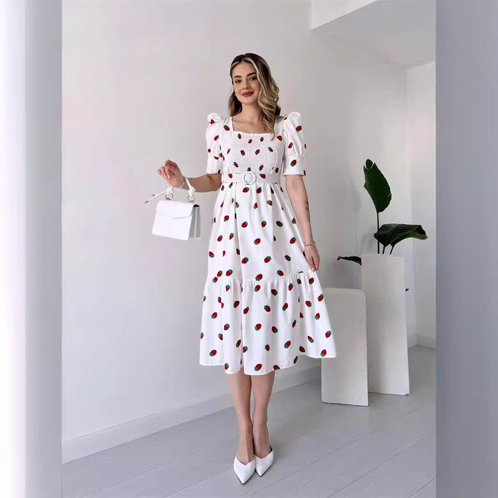 Mirla | Tryckt, midjehögt U-ringning elegant klänning-Eva Jonsson
