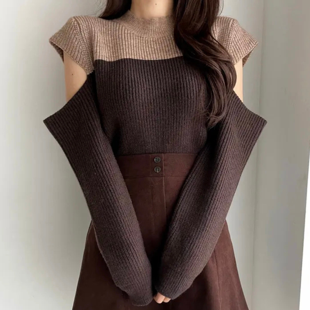 Mirla | Tvåfärgad Stickad Tröja med Cut-Out Ärmar-Eva Jonsson