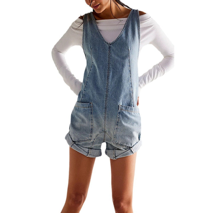 Mirla | Tvättad Denim Justerbara Remmar Shorts Jumpsuit-Eva Jonsson