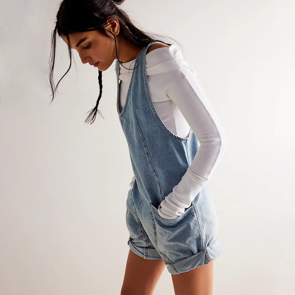 Mirla | Tvättad Denim Justerbara Remmar Shorts Jumpsuit-Eva Jonsson