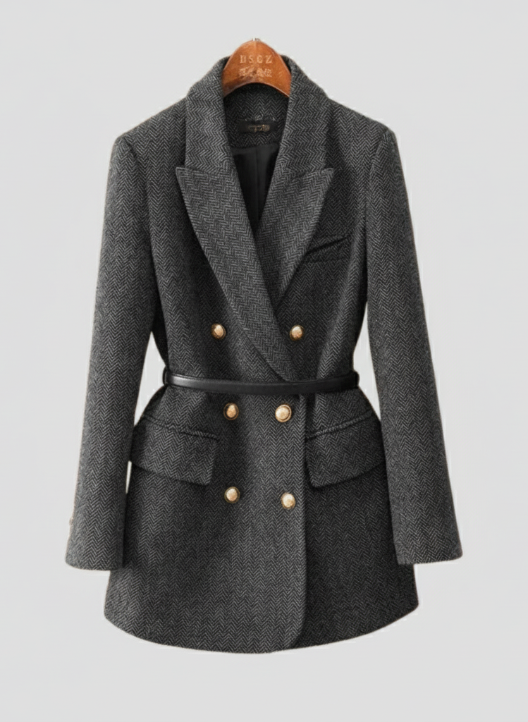 Mirla | Tweed Blazer Kappa – Dubbelt Radad, med Bälte, Sjalkrage-Eva Jonsson