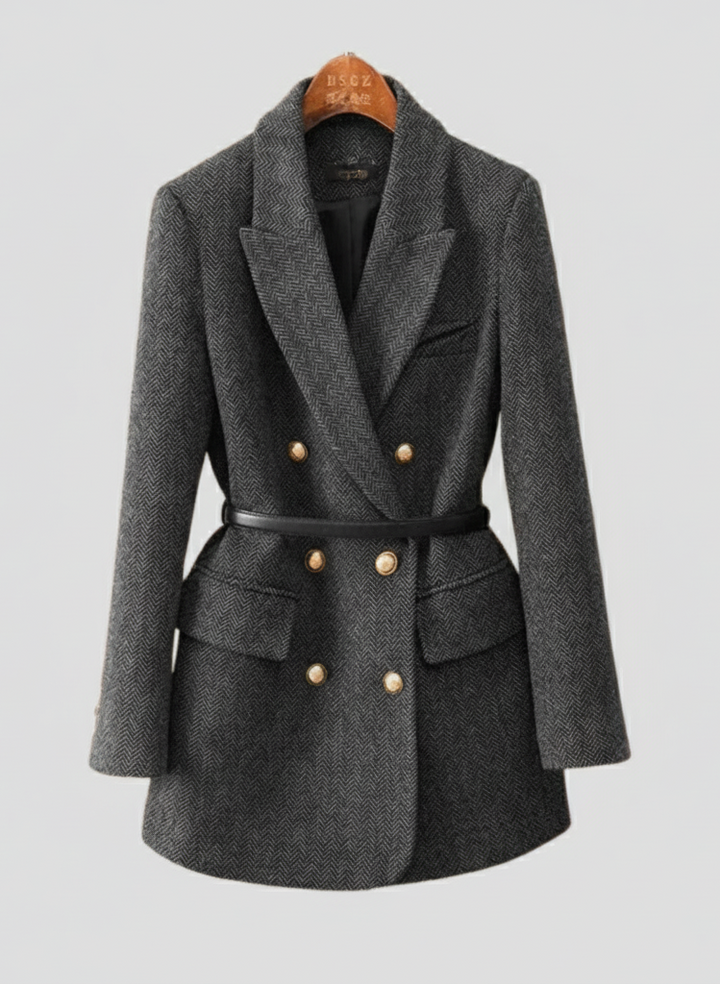 Mirla | Tweed Blazer Kappa – Dubbelt Radad, med Bälte, Sjalkrage-Eva Jonsson