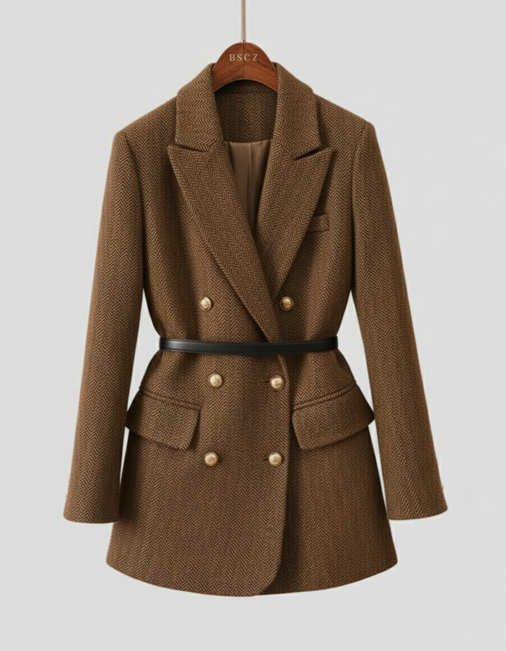 Mirla | Tweed Blazer Kappa – Dubbelt Radad, med Bälte, Sjalkrage-Eva Jonsson