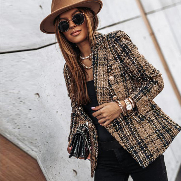 Mirla | Tweed Check Dubbelknäppt Blazer – Vintage Passform, Guldknappar-Eva Jonsson