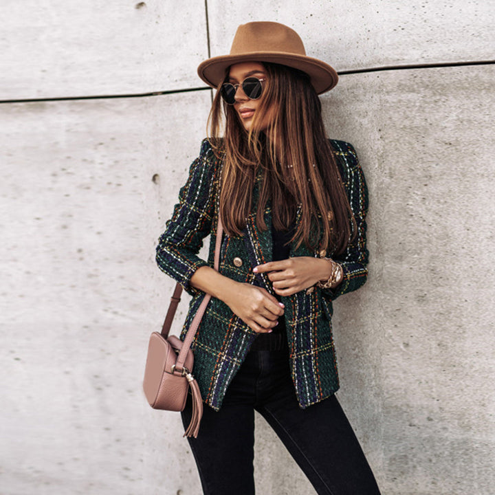 Mirla | Tweed Check Dubbelknäppt Blazer – Vintage Passform, Guldknappar-Eva Jonsson