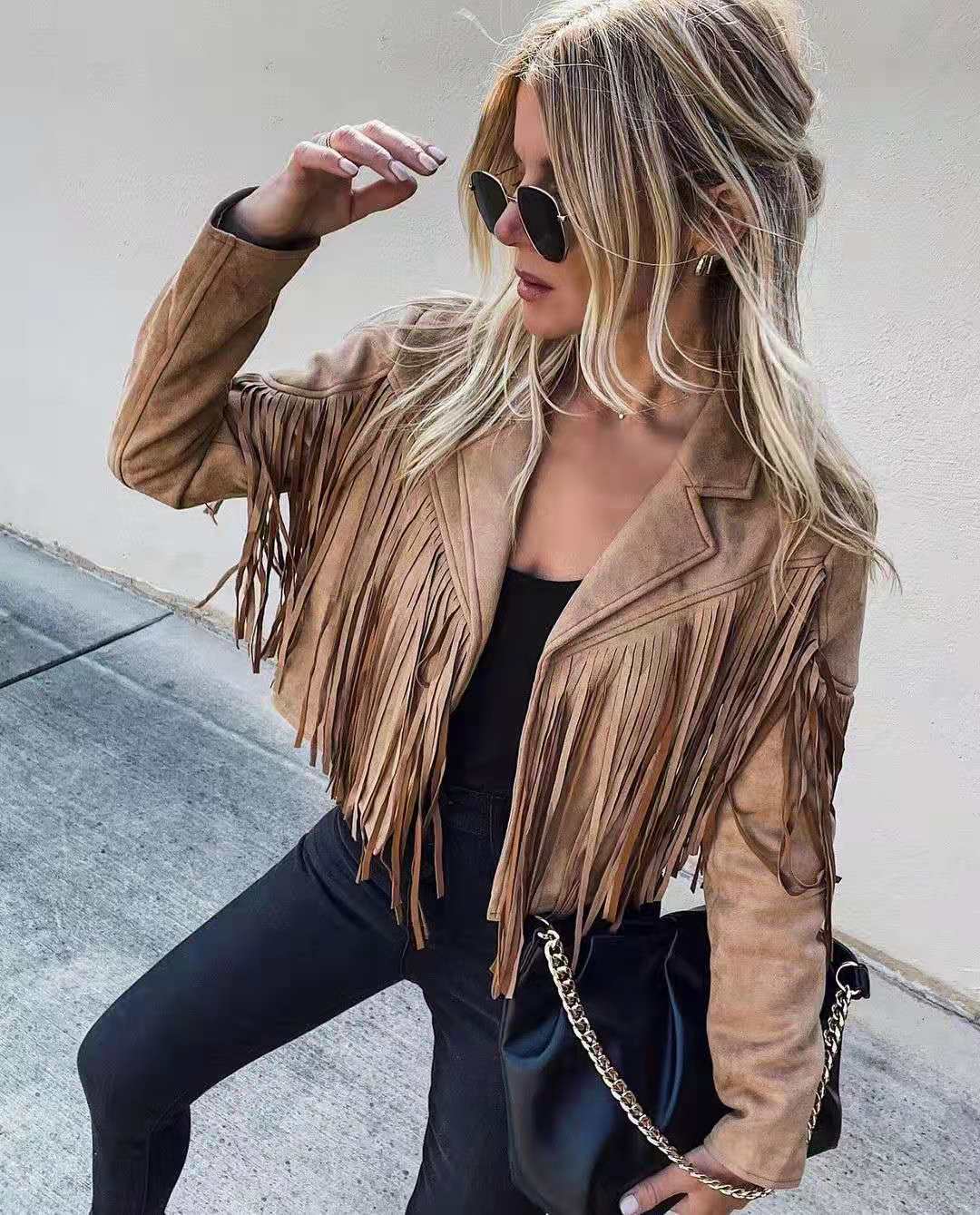 Mirla | Ungdomlig mockajacketrend - Fransen cardigan med tofs, E-Girl bikerjacka, 90-tals vintage streetwear, Cool design-Eva Jonsson