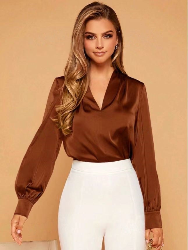 Mirla | V-hals Långärmad Satin Blus-Eva Jonsson