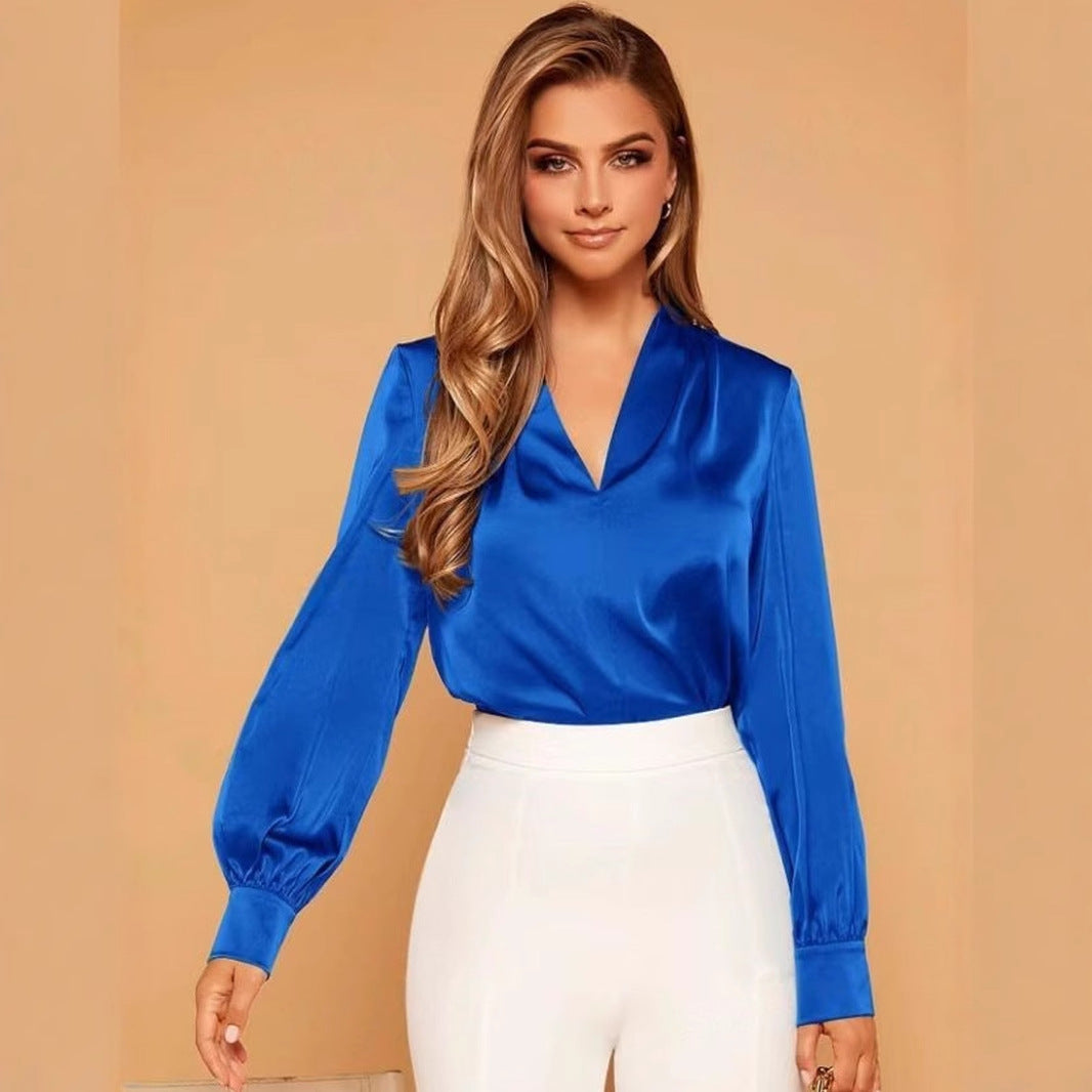 Mirla | V-hals Långärmad Satin Blus-Eva Jonsson