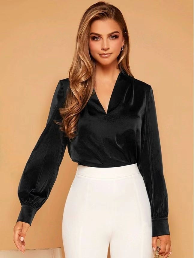 Mirla | V-hals Långärmad Satin Blus-Eva Jonsson