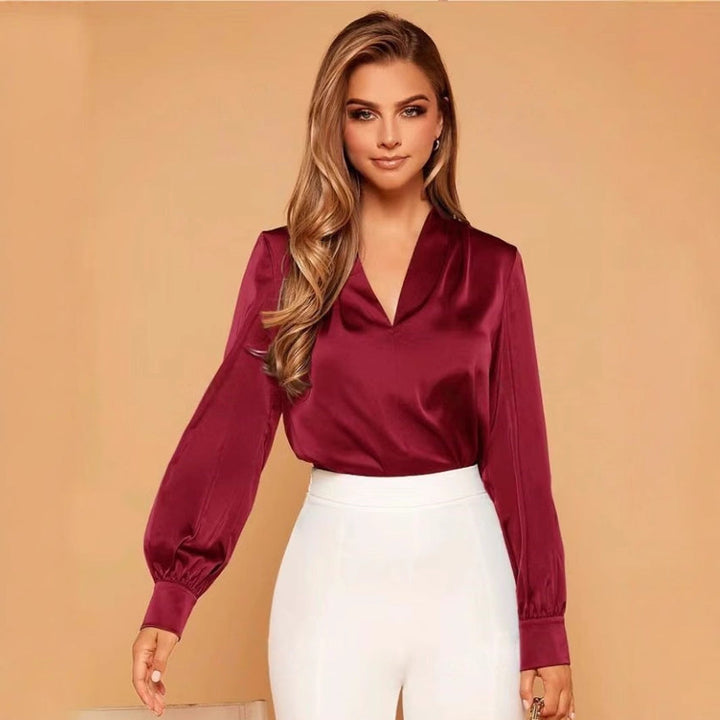Mirla | V-hals Långärmad Satin Blus-Eva Jonsson