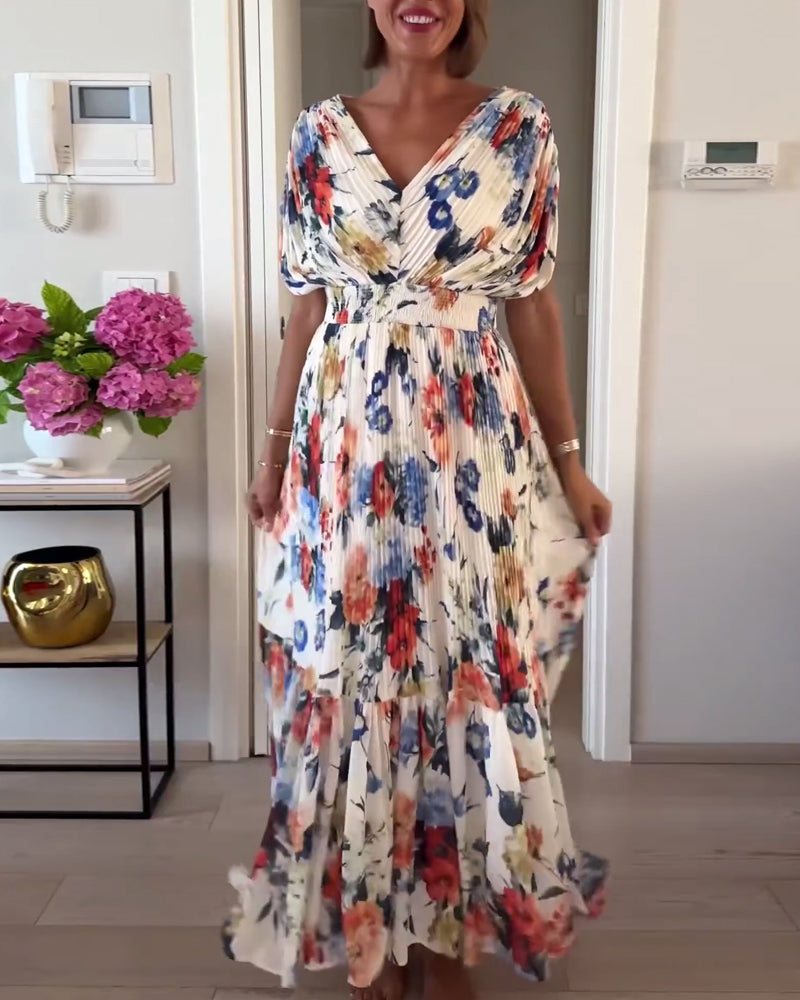 Mirla | Vacker Elegant Fållad Klänning med Blommönster-Eva Jonsson
