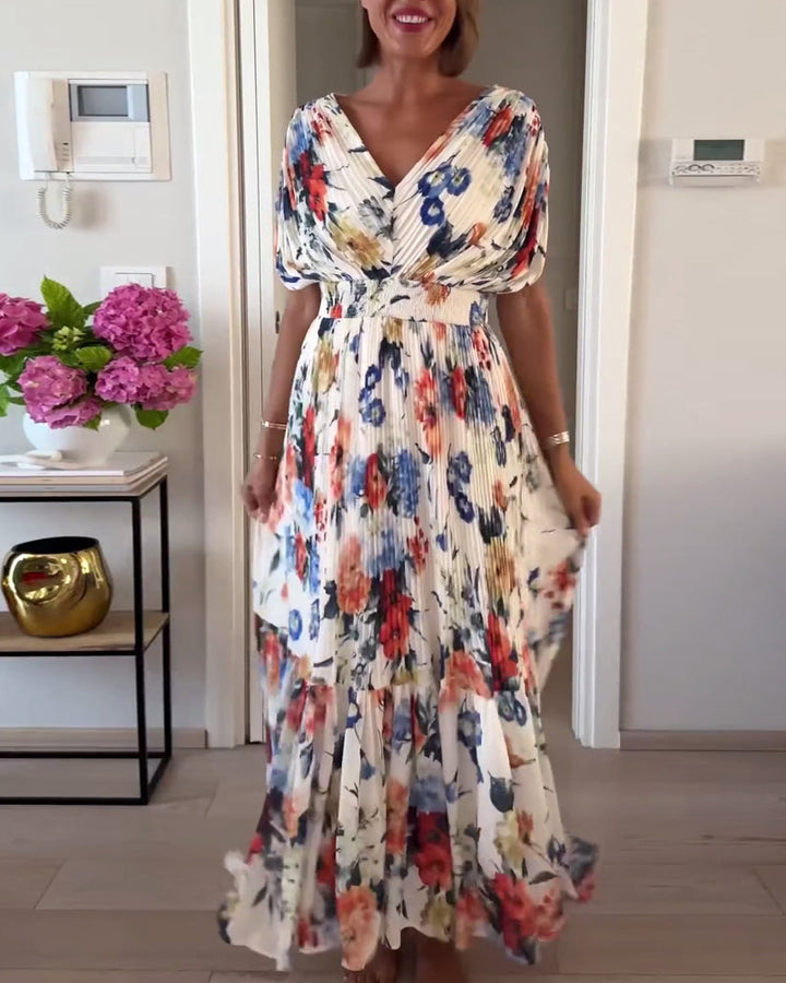 Mirla | Vacker Elegant Fållad Klänning med Blommönster-Eva Jonsson