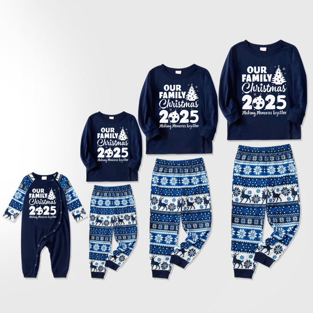 Mirla | Vår Familj Julen 2025 Tillsammans Skapa Minnen Bokstäver Tryck Blå Långa Ärmar med Blå Blommiga Byxor Familj Matchande Pyjamas Set-Eva Jonsson